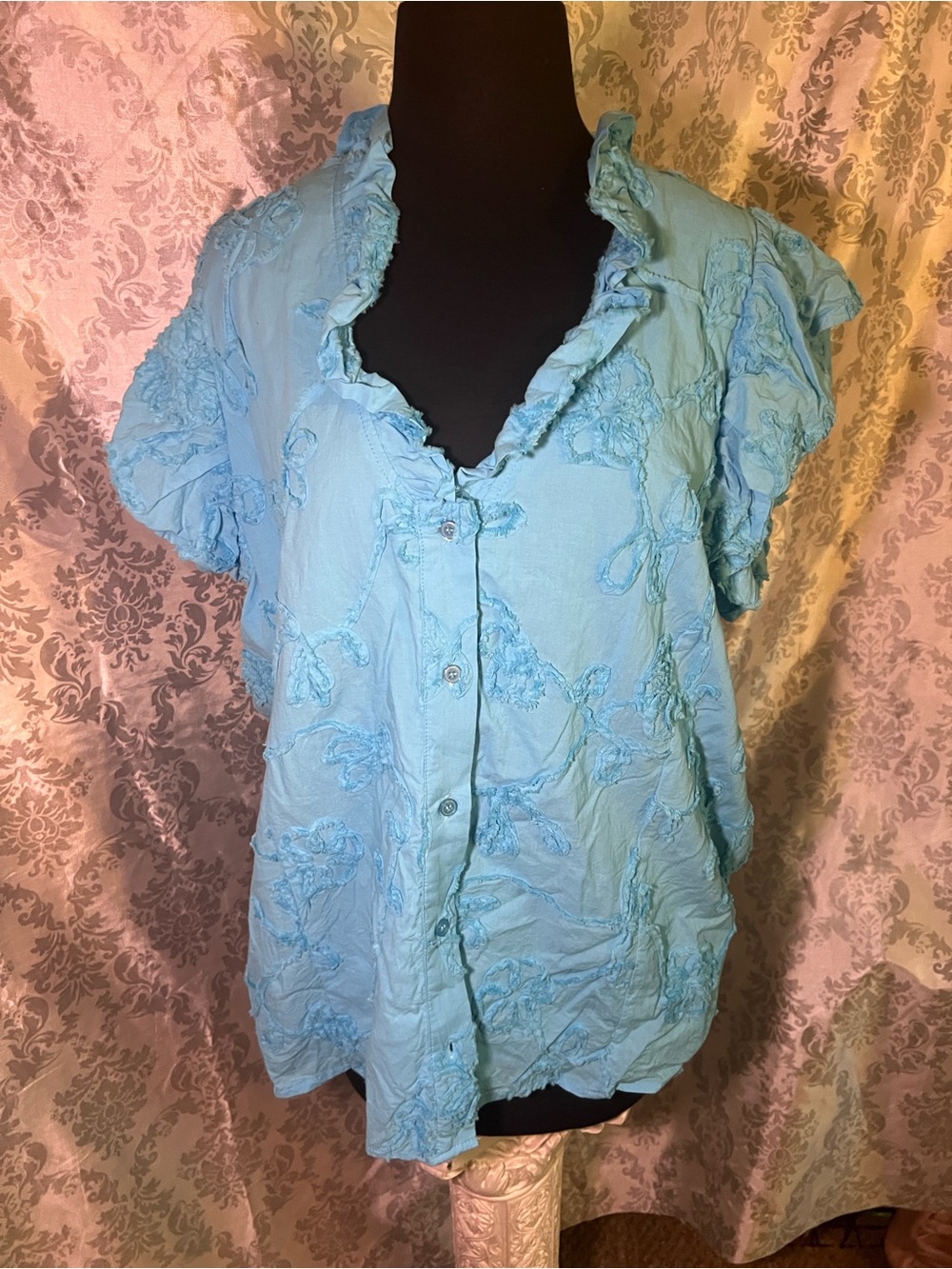 entro Light Blue Ruffle-Trim Button Front Blouse